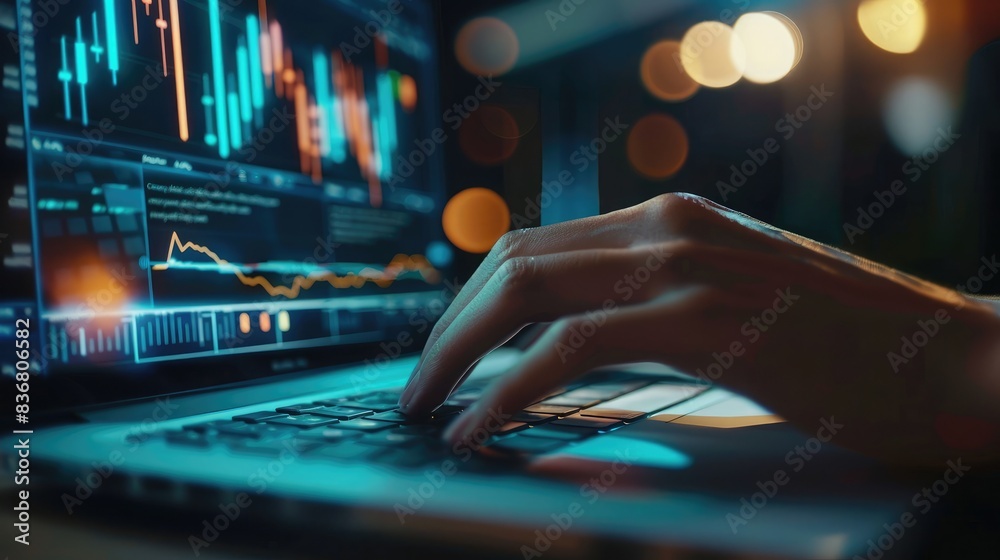 Poster close-up of hands typing on a laptop with financial analytics software displaying graphs and metrics