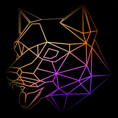 Colorful geometric dog head on a black background with a gradient lines, line drawing, neon lighting. Vector art, sots art, low poly, cubo-futurism, sticker, cartoon avatar, animal logo surreal design