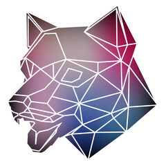 Stylized dog head a geometric style of triangles and different gradient colors with a white background, white lines. Vector art, sots art, low poly, cubo-futurism, sticker, cartoon avatar, animal logo