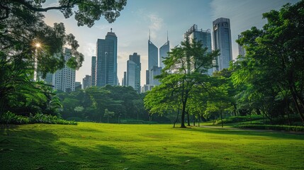 Lush green park in contrast with a polluted city skyline affected by PM 2.5