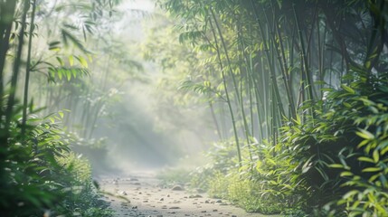 Serene bamboo forest path in early morning light. Peaceful, lush greenery.