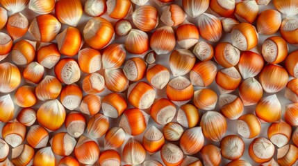 Fototapeta premium Closeup of Whole Hazelnuts in a Brown and White Pattern backdrop