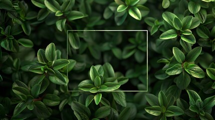 Marjoram leaves forming a rich herbal backdrop with a vector rectangular frame positioned in the middle.