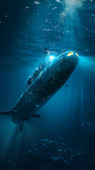 Submarine exploring underwater depths, illuminated by blue light