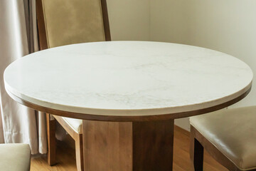 Round marble table interior background for mockup product display