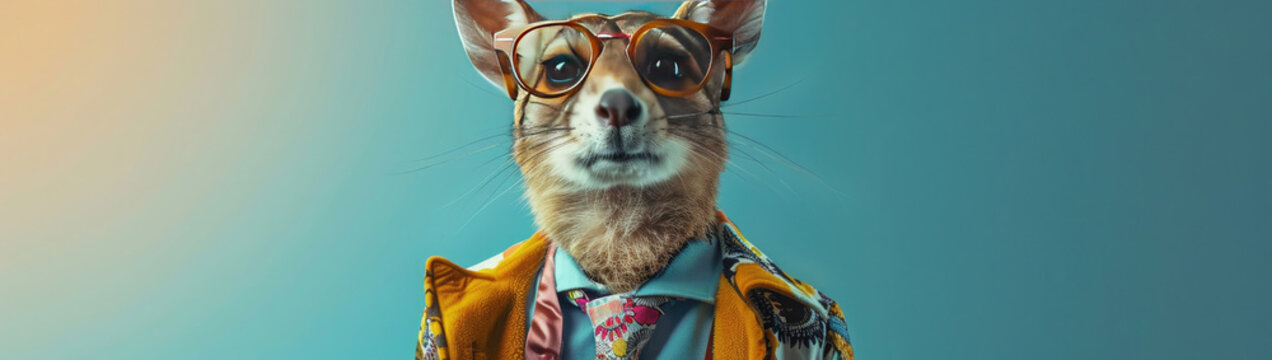 A cool-looking animal dons a funky fashion dress complete with a jacket, tie, and sunglasses. Against a plain color background, the stylish animal strikes poses reminiscent of a supermodel