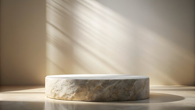 stone platform for product demonstration with stone decorations, natural light, soft brown tones