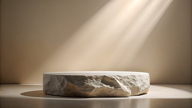 stone platform for product demonstration with stone decorations, natural light, soft brown tones