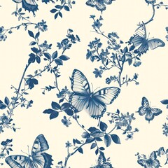 blue butterflies toile de jouy seampess repeating pattern