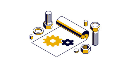 User manual and guideline concept, technics instruction brochure, paper sheet with gears 3D isometric vector illustration, engineering and repair tutorial.