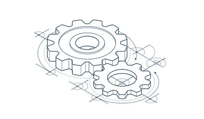 Engineer education concept, gears and cogs composition isometric 3D vector illustration, study science in university, engineering learning.