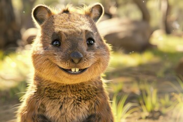 Closeup of a cheerful quokka in sunlight, showcasing its famous friendly smile