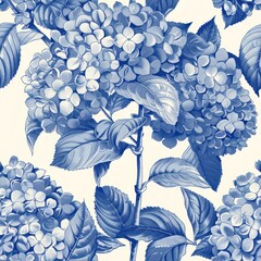 blue hydrangea toile de jouy seamless repeating pattern