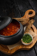 Ukrainian dish.  Borscht with meat and sour cream.