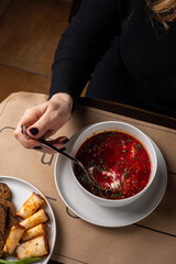 Ukrainian dish.  Borscht with meat and sour cream.