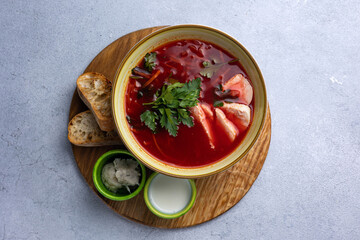 Ukrainian dish.  Borscht with meat and sour cream.
