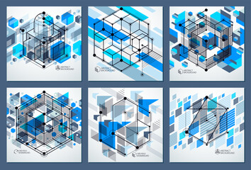 Vector drawings set of blue industrial system created with lines and 3D cubes. Modern geometric composition can be used as template and layout.