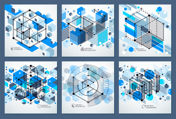 Geometric technology vector blue drawings set, 3D technical wallpaper. Illustration of engineering system, abstract technological backdrop. Abstract technical background.