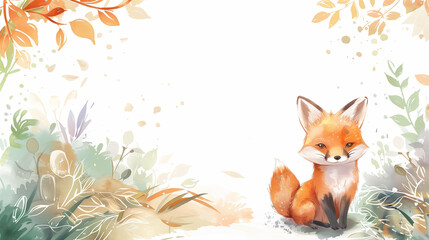 copy space, illustration, watercolor style, cute fox, birth card invitation or children’s book. Template voor birth cards or birthday card, cute design.	