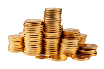 Pile gold coins isolated on white or transparent background. AI Generated.