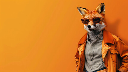 Fox in funky attire - jacket, shirt, dark shades. Wide banner with side copy space. Stylish fox strikes a pose.