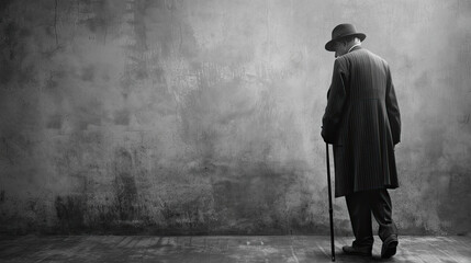 Obraz premium In a vintage black and white photo, a man in a hat and coat, with a cane and hat, stands against a grunge backdrop. Ample free space.