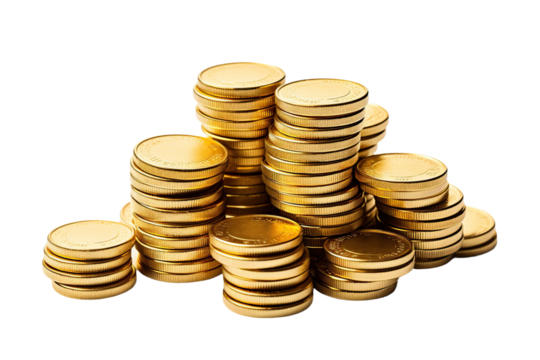 Pile gold coins isolated on white or transparent background. AI Generated.