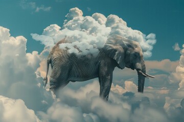 A dreamlike image featuring an elephant seamlessly blended with fluffy clouds against a blue sky - Powered by Adobe