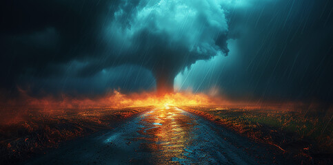 Fototapeta premium A strong hurricane over land with rain and lightning,Generated by AI