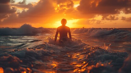 silhouette of a person on a sunset - A surfer wades into the ocean at sunset, with golden hues reflecting off the water. Captures the serene and adventurous spirit of surfing.