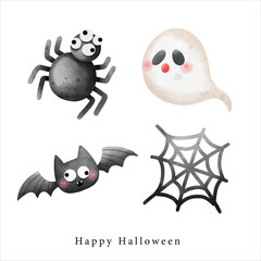 cute spider with spider web ,cute ghost and little bat illustration horor for Halloween element decoration