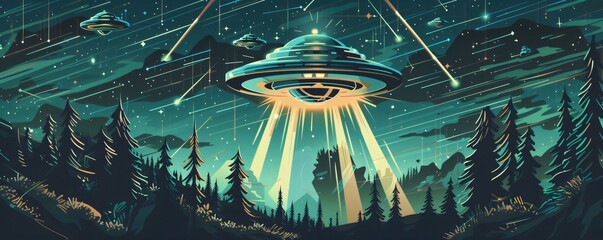 Vibrant illustration celebrating world ufo day with retro futuristic flying saucers over a forest landscape