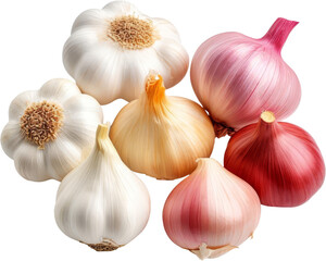 Multiple garlic bulbs in various colors, showcasing white, pink, and purple hues. Perfect for ingredient or culinary photography.