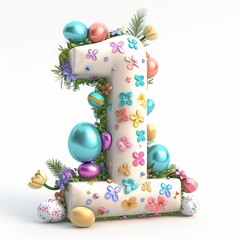 Festive numeral one with a springtime theme featuring Easter eggs and colorful flowers, number 1, easter style, 3D, isolated on white background Job