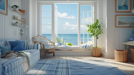 Cozy seaside living room, striped sofa, nautical decor