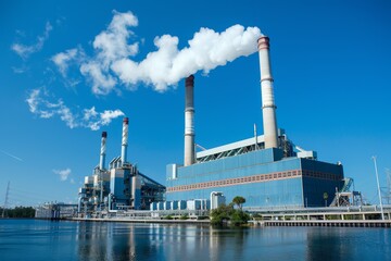 a large industrial plant with tall smokestacks emitting plumes of white smoke into a clear blue sky