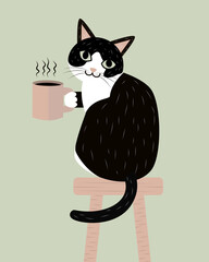 Tuxedo cat holding coffee while sitting, Vector illustration for greeting card, t shirt, print, stickers, posters design