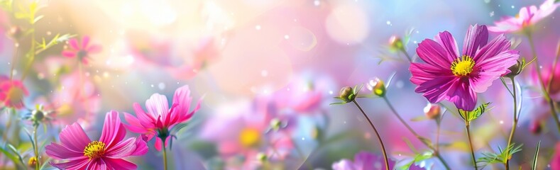 Beautiful cosmos flowers in the garden with a blurred background, a spring floral landscape banner, a panoramic view, spring meadow flower field