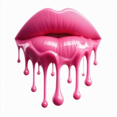pink Paint dripping from the pink lips, pink liquid drops Isolated on white background