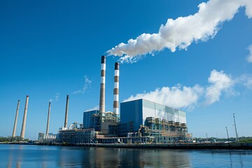 a large industrial plant with tall smokestacks emitting plumes of white smoke into a clear blue sky