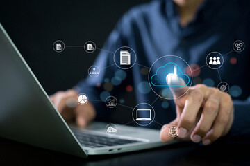 Cloud technology concept , Businessman shows cloud storage network technology icon , Big data and analytics visualization technology with Database storage cloud technology file data transfer sharing .
