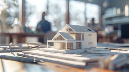 Advanced real estate office featuring a concept 3D render model of a house on a table, agents engaged in signing mortgage contracts and explanations, background intentionally blurred
