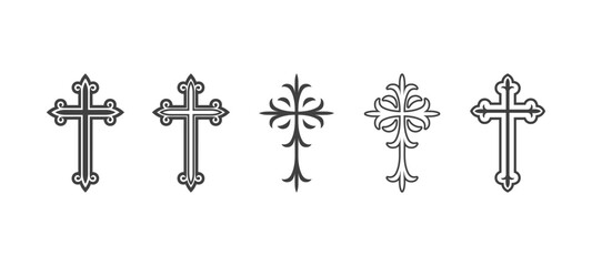Flat Vector Black Christian Cross Icons Set Isolated on a White Background. Line Silhouette Cut Out Christian Crosses Collection