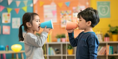 Kids Playing Telephone with Paper Cups - 4K Wallpaper. This playful image captures two children engaged in a classic game of telephone using paper cups and string, illustrating the fun and wonder of c