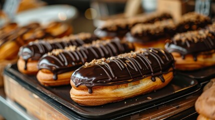 Chocolate eclairs on a display in a cafe, close-up. The background is blurred to draw attention to the baked goods.