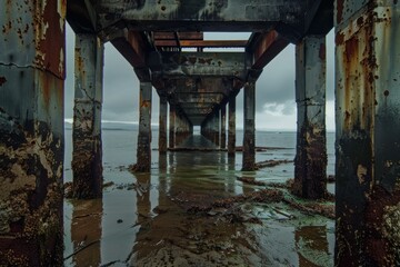 View from beneath a rusty pier, cloudy day, with seaweed and ocean in the background - Powered by Adobe