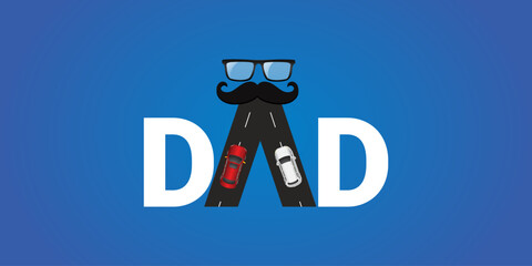 Happy Father's Day Automobile car creative tie and car idea concept template, banner, poster, social media post, background father's hands, logo, car, shirt, tie, glasses, bow tie for for greetings