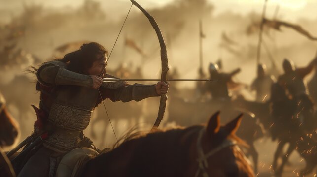 Mongol Warrior on Horseback Drawing Bow During Fast Paced Battle