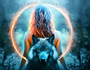 girl and wolf at the moon