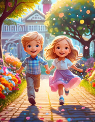 cute kids running in the garden, happy children 's illustration